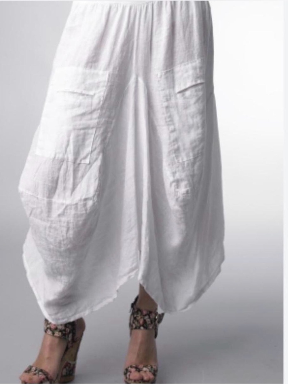 Tempo Paris White 100% Italian Linen Balloon Midi Skirt with Patch Pockets SizeM